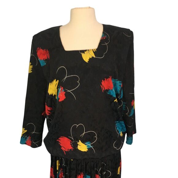 Le Art Vintage 80s Black w/Bold Pattern Drop Waist Dress 40 bust Secretary sz 12 - Picture 2 of 9